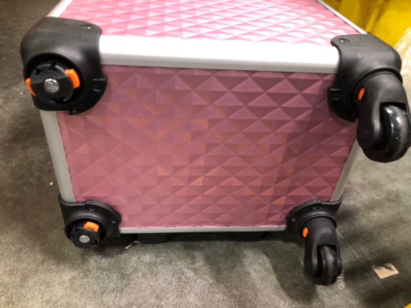 Photo 5 of Adazzo 4 in 1 Rolling Makeup Trolley Train Case Cosmetic Suitcase Nail Tech Box for Makeup Artist, Hairstylists, Nail Tech Students Barber Case with Keys Swivel Wheels - Shiny Pink