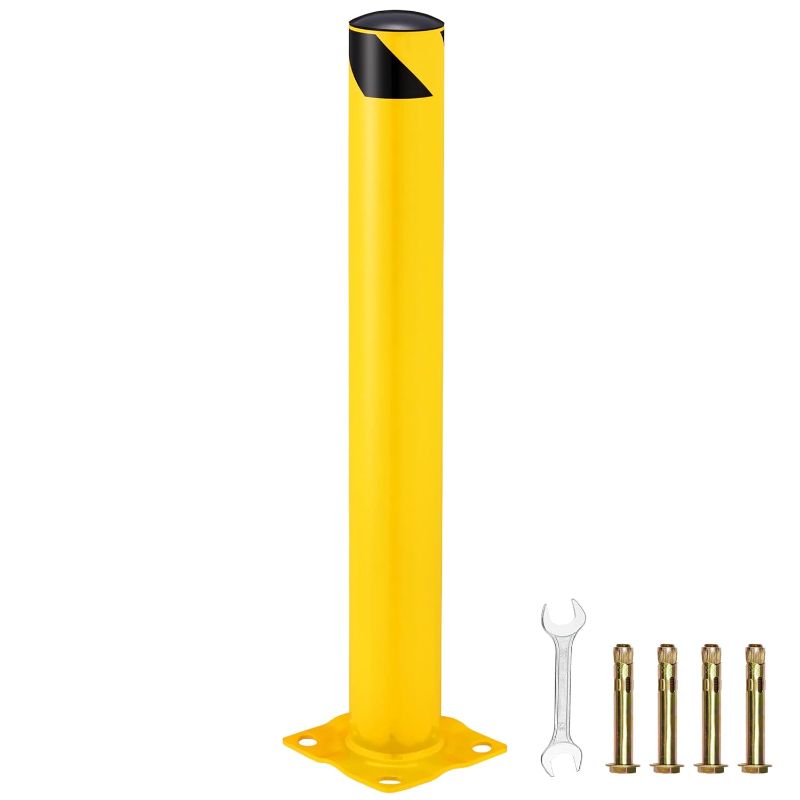 Photo 1 of Sapodilla Safety Bollard Post,Yellow Powder Coated Parking Barrier 36in x 4.5in, Steel Bollard Driveway Barrier with 4 Free Anchor Bolts for Traffic-Sensitive Area,Garage and Parking Lot Driveway Barrier