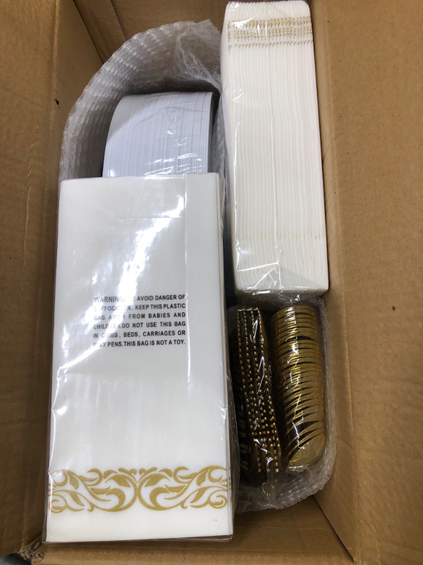 Photo 3 of 350 Piece Gold Dinnerware Set for 50 Guests, Plastic Plates Disposable for Party, Include: 50 Gold Rim Dinner Plates, 50 Dessert Plates, 50 Paper Napkins, 50 Cups, 50 Gold Silverware Set