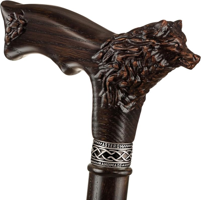 Photo 1 of Asterom Walking Cane - Handmade Wolf Cane - Walking Cane for Men - Wooden, Carved, Unique, Cool, Walking Sticks for Men & Seniors