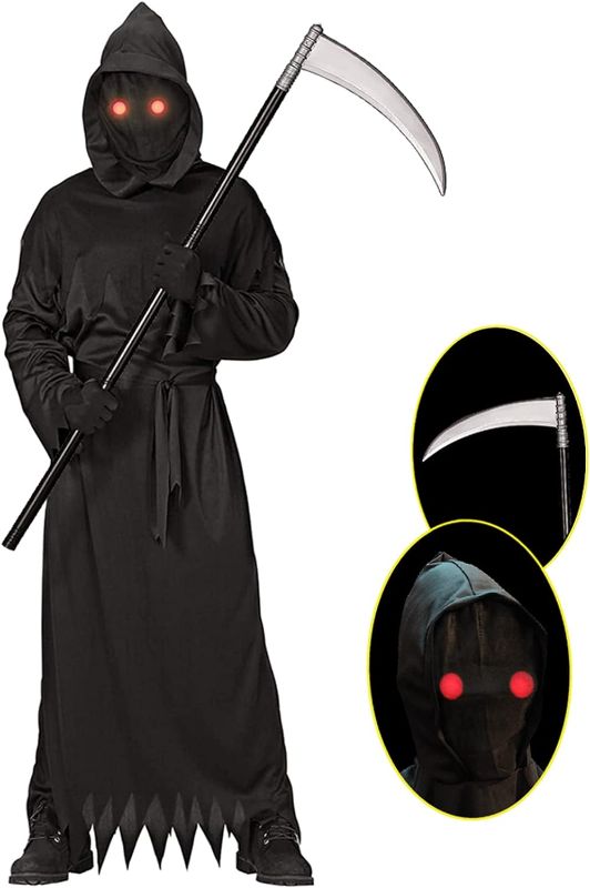 Photo 1 of Grim Reaper Halloween Costume with Glowing Red Eyes for Adult, Scythe Included