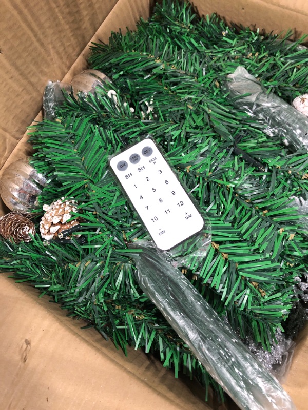 Photo 1 of 9 Ft 100 LED Prelit Christmas Garland Decoration Lights Timer 8 Mode 250 Branch Snowy Bristle Pine Silver 3 Poinsettias 8 Balls 4 Snowflake Cypress Leave 18 Pinecone Battery Operated Home Indoor Decor