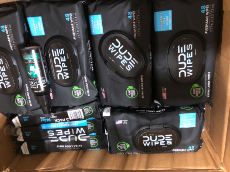 Photo 1 of DUDE Wipes Flushable Adult Wipes with DUDE Bombs Toilet Spray - 18 Pack, 864 Wipes + 1 Spray Bottle - Unscented Wet Wipes with Vitamin-E & Aloe - Forest Fresh Stank Eliminator Fragrance Free