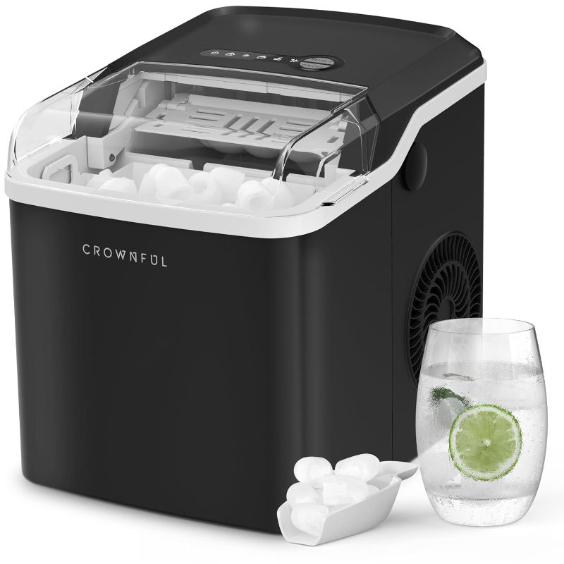 Photo 1 of 
CROWNFUL Ice Makers Countertop, Portable Small Ice Machine with Self-Cleaning, 9 Cubes Ready in 7 Mins, 26lbs/24H, 2 Sizes Bullet Ice, with Scoop and Basket