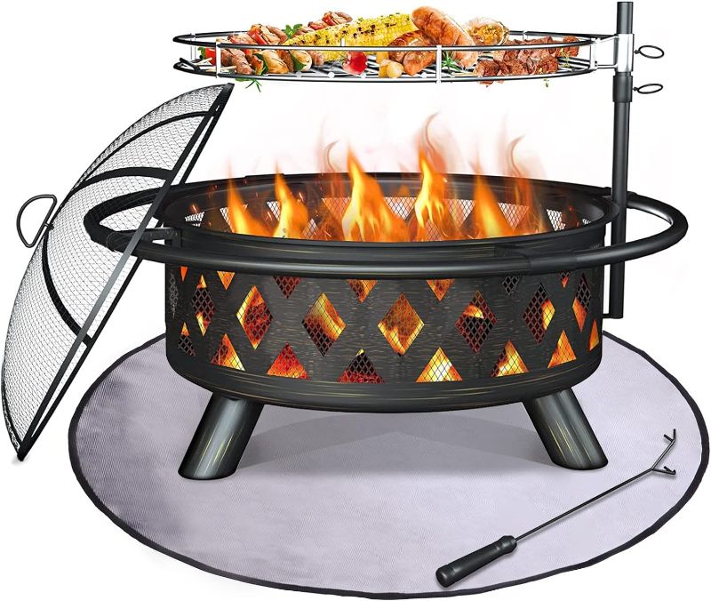 Photo 1 of Amopatio Fire Pit with Mat & Cover, 30 Inch Large Outdoor Wood Burning Fire Pits, Patio Backyard Firepit with Steel BBQ Grill Cooking Grate, Spark Screen & Poker for Garden, Bonfire, Camping, Picnic