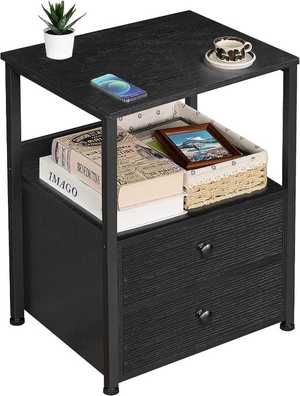 Photo 1 of Nightstand, Industrial Bed Side Table with 2 Drawers Storage Open Shelf, Sturdy End Table with Steel Frame, Night Stand for Bedroom, Living Room, Classic Black