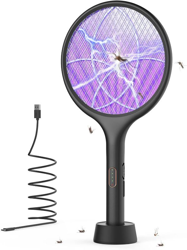 Photo 1 of YISSVIC Electric Fly Swatter 4000V Bug Zapper Racket Dual Modes Mosquito Killer with Purple Mosquito Light Rechargeable for Indoor Home Office Backyard Patio Camping (Black 1 Pack)
