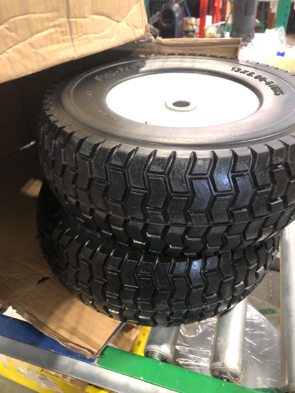 Photo 4 of 2-Pack 13x5.00-6 Flat-Free Tire with Rim,3"Centered Hub with 3/4" Bushings,w/Grease Fitting?400lbs Capacity,13x5-6 No-Flat Solid Rubber Turf Wheel,for Riding Lawn mower,Garden Cart,Wheelbarrow