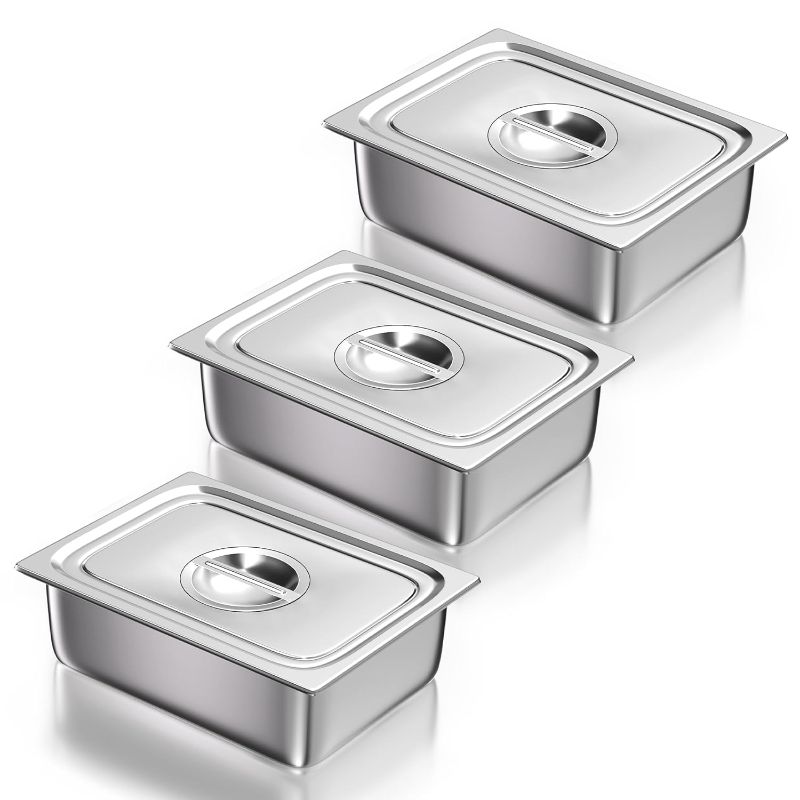 Photo 1 of 1/2 Half Size Steam Table Pans with Lid, 3 Pack 4 Inch Deep Restaurant Steam Table Pans Commercial, Hotel Pan Made of 201 Gauge Stainless Steel NOT SAMER LID AS PICTURE 
