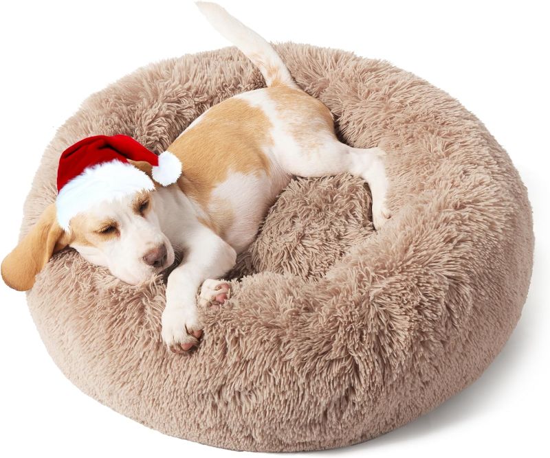 Photo 1 of Bedsure Calming Dog Bed for Small Dogs - Donut Washable Small Pet Bed, 23 inches Anti-Slip Round Fluffy Plush Faux Fur Large Cat Bed, Fits up to 25 lbs Pets, Camel
