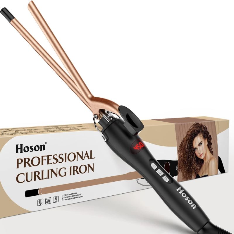 Photo 1 of 9mm Thin Curling Iron Ceramic, 3/8 Inch Small Barrel Curling Wand for Long & Short Hair, LCD Display with 9 Heat Setting Include Glove(Golden)
