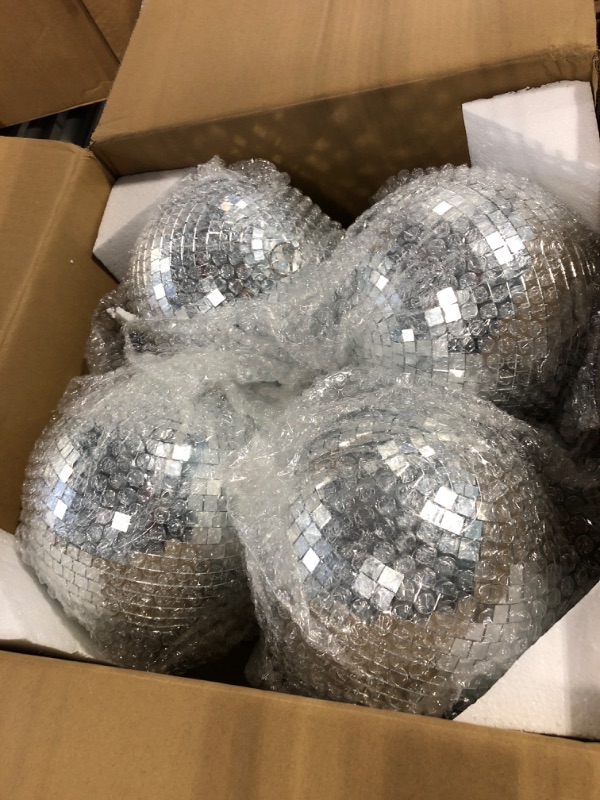 Photo 2 of 4 Pack Large Disco Ball Silver Hanging Disco Balls Reflective Mirror Ball Ornament for Party Holiday Wedding Dance and Music Festivals Decor Club Stage Props DJ Decoration (8 Inch)