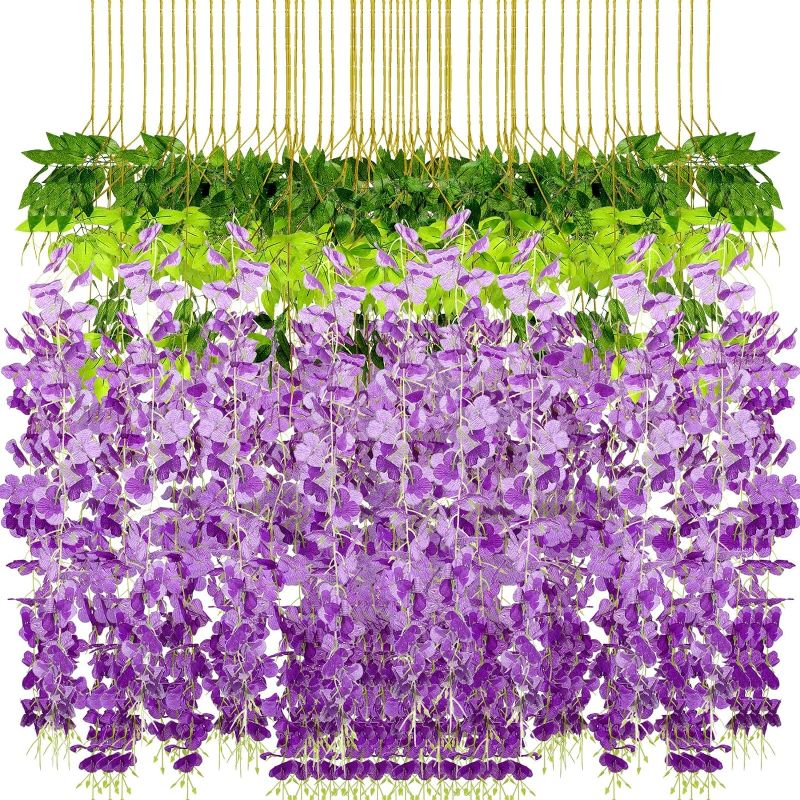 Photo 1 of 108 Pack 43.2 in/ 3.6 ft Artificial Fake Wisteria Hanging Flowers Wisteria Faux Flowers Garland Silk Wisteria Vine Rattan Long Hanging Flowers String for Home Outdoor Wedding Party (dark purple