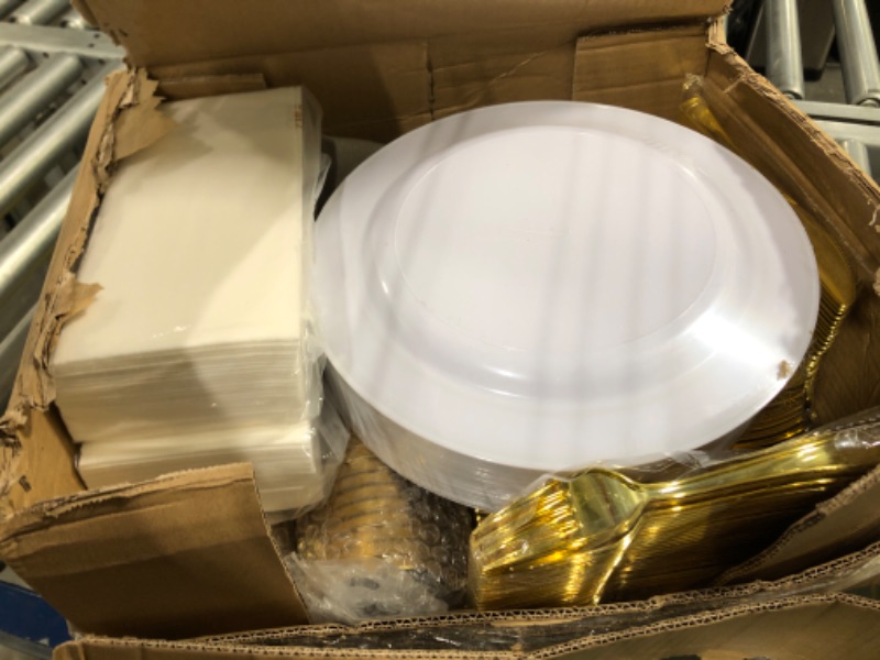 Photo 2 of 350 Piece MCIRCO Gold Dinnerware Set - 100 Gold Rim Plastic Plates - 50 Gold Plastic Silverware - 50 Gold Plastic Cups - 50 Linen Like Gold Paper Napkins, 50 Guest Disposable Gold Dinnerware Set