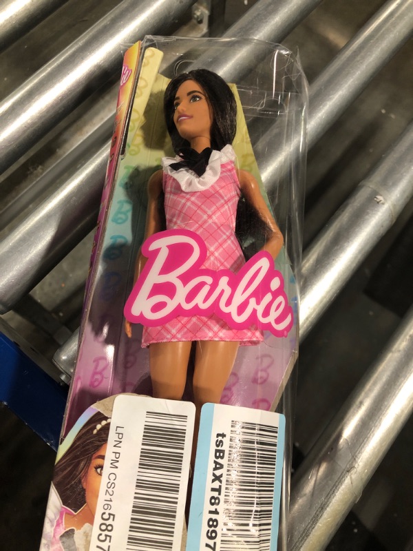 Photo 2 of Barbie Fashionistas Doll #209 with Black Hair Wearing a Pink Plaid Dress, Pearlescent Headband and Strappy Heels, 3 years and older