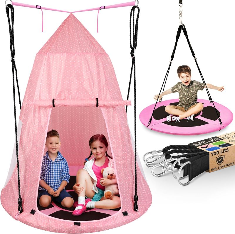 Photo 1 of HAPPYPIE Hanging Tree Tent for Kids Indoor and Outdoor Waterproof Tree Swing Pod Includes LED Lights and Swing Set Accessories,Max Capacity 330 lbs-Sky Blue