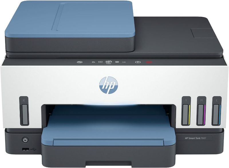Photo 1 of HP Smart -Tank 7602 Wireless Cartridge-free all in one printer, up to 2 years of ink included, mobile print, scan, copy, fax, auto doc feeder, featuring an app-like magic touch panel (28B98A)
