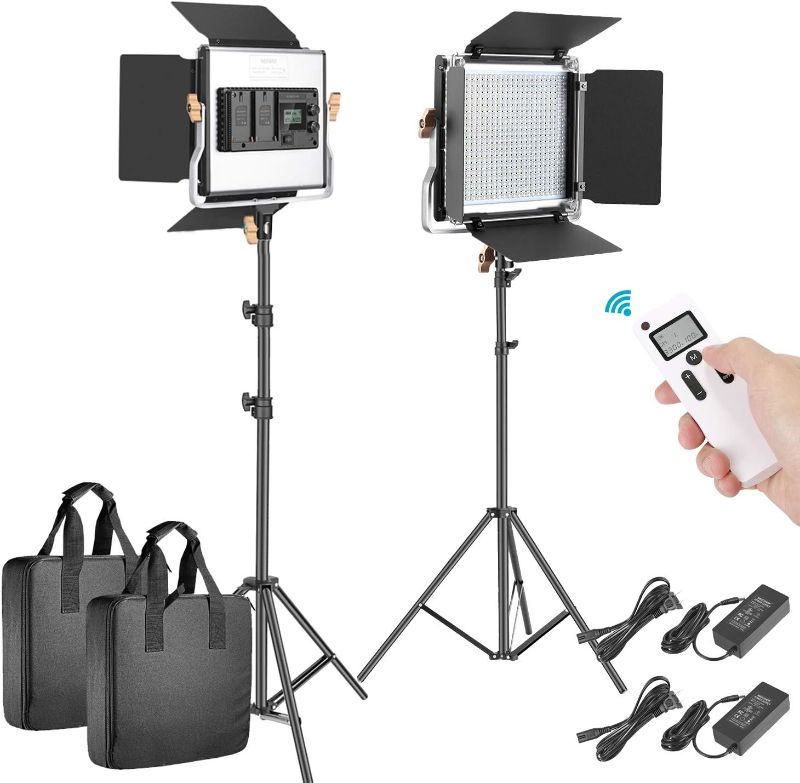 Photo 1 of Neewer 2 Packs Advanced 2.4G 480 LED Video Light Photography Lighting Kit, Dimmable Bi-Color LED Panel with LCD Screen, 2.4G Wireless Remote and Light Stand for Portrait Product Photography
