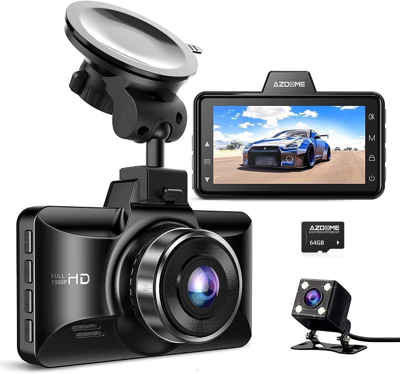 Photo 1 of AZDOME Dual Dash Cam Front and Rear, 3 inch 2.5D IPS Screen Car Driving Recorder, 1080P FHD Dashboard Camera, Waterproof Backup Camera Night Vision, Park Monitor, G-Sensor, for Taxi with 64GB Card