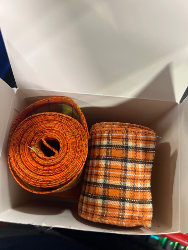 Photo 3 of 4 Rolls Fall Plaid Burlap Ribbon Thanksgiving Wired Edge Ribbon Wrapping Burlap Ribbon with Harvest Theme for Present Wrapping Fall Thanksgiving Home Decoration (2.48" Wide)