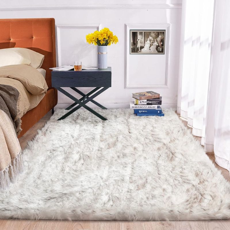 Photo 1 of ORINOVA 5x7 Area Rug White and Gray Washable Shaggy Faux Sheepskin Fur Rug for Living Room Large Nursery Rug Teen Room Home Décor