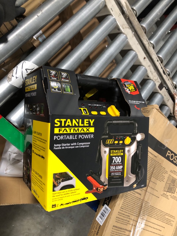 Photo 2 of STANLEY FATMAX J7CS Portable Power Station Jump Starter: 700 Peak/350 Instant Amps, 120 PSI Air Compressor, 3.1A USB Ports, Battery Clamps