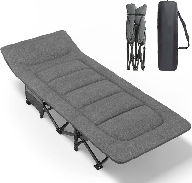 Photo 1 of ATORPOK Camping Cot for Adults with Cushion and Pillow, Portable Folding Bed for Sleeping, Lightweight Tent cot with Carry Bag for Kids Supports 450 lbs (Grey)
