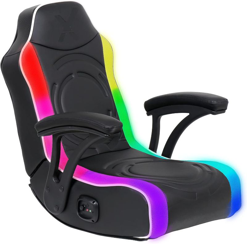 Photo 1 of X Rocker Emerald RGB LED Youth Floor Rocker Gaming Chair for Kids, Youth Aged 5-9, Built in Audio System, 30.3" x 26.4" x 22.2", Amazon Exclusive, Black