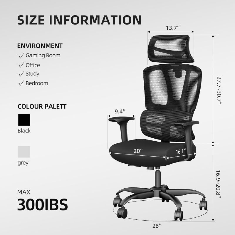 Photo 1 of ZHISHANG Ergonomic Home Office Chair, Computer Chair with Adjustable Headrest & Armrests, Mesh Backrest, Lumbar Support, High Back Desk Chair Ergonomic Chair for Adults, 350lbs, Black