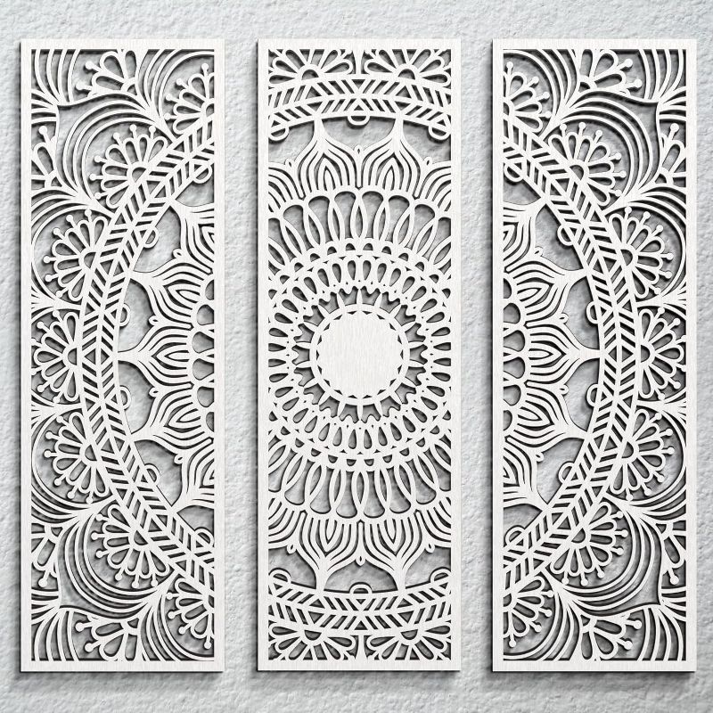 Photo 1 of 3pcs Mandala Wall Art Carved Wood Wall Art Floral Aesthetic Wooden Plaque Set Wood Carving Wall Decor Farmhouse Modern Cutout Wood Wall Plaque for Home Bathroom Decoration(White, 23.6 x 7.7 Inch