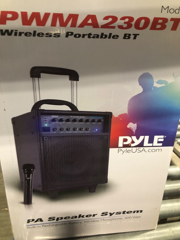 Photo 1 of Pyle Wireless Portable PA System-400W Bluetooth Compatible Rechargeable Battery Powered Outdoor Sound Stereo Speaker Microphone Set w/Handle, Wheels-1/4 to AUX, RCA Cable (PWMA230BT)