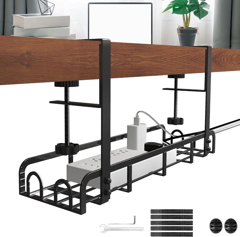 Photo 1 of Sleclean Under Desk Cable Management Tray, Upgraded Long Arm Clamp, 16.6"x4.7" No Drill Steel Desk Cable Organizers, Cable Tray with Clamp for Desk Wire Management, Home - No Damage to Desk