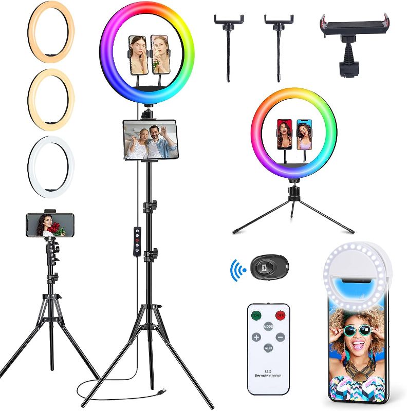 Photo 1 of  13" Selfie Ring Light with 63" Stand and 3 Phone Holder, 53 Lighting Modes, iPad Holder, Remote, Desk Tripod, RGB Ringlight for iPhone.