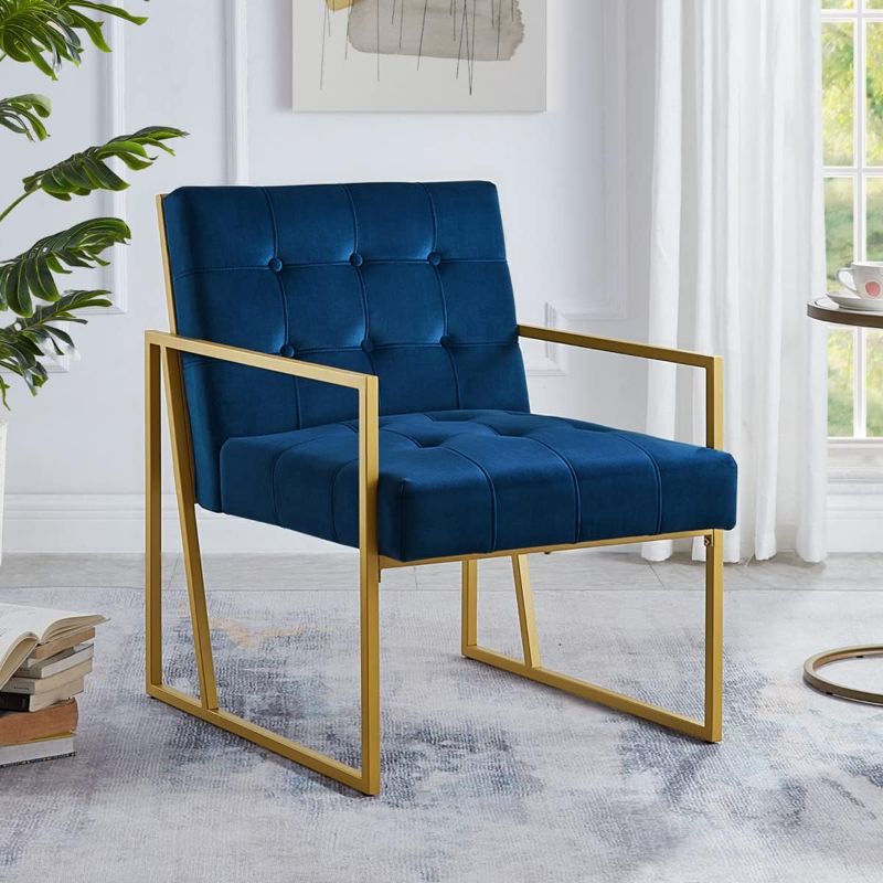 Photo 1 of 24KF Modern Navy Velvet Button Tufted Accent Chair with Golden Metal Stand, Decorative Furniture Chairs for Living Room Bedroom - Navy
