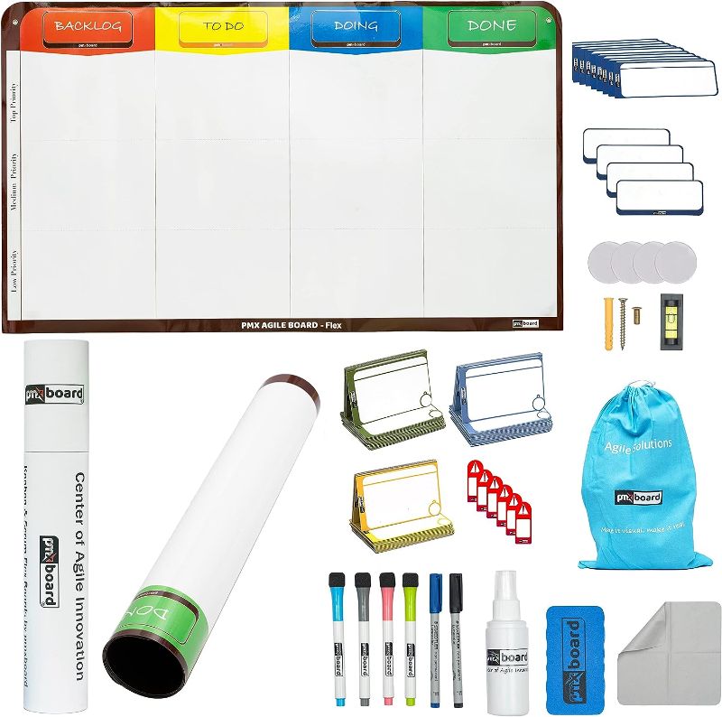 Photo 1 of pmxboard Magnetic Kanban Board and Magnetic Scrum Board Flexible 4 Column Board Full Kit, Agile Management Board Set, 64 Magnetic Kanban Cards and Scrum Cards Set, Scrum Whiteboard and Card Markers
