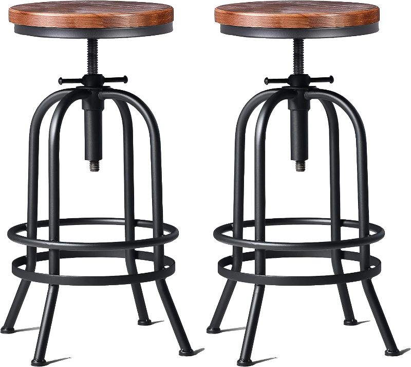 Photo 1 of 32 inch Vintage Industrial Bar Stool-Metal Wood Swivel Bar Stool-Retro Bar Height Stool-Counter Height Adjustable Kitchen Stools-Set of 2-Extra Tall Pub Height 26-32 Inch,Fully Welded(Black(2pcs))
