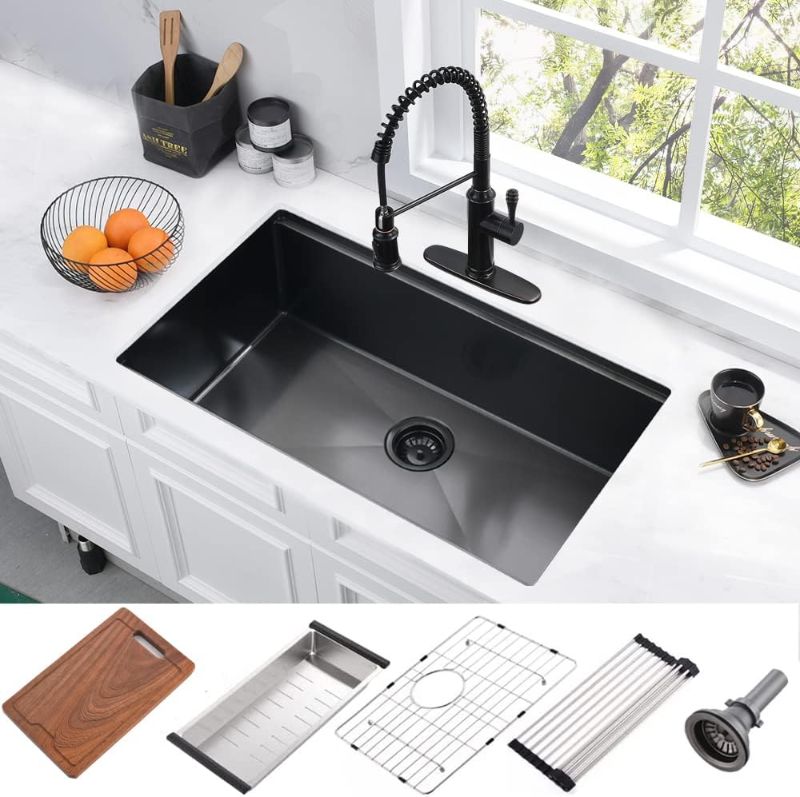 Photo 1 of 30 Inch Undermount Kitchen Sink Black Workstation Sink-Bokaiya 30x19 Black Stainless Steel Undermount Workstation Sink 16 Gauge Deep Single Bowl Kitchen Sink with Accessories
