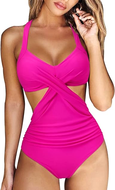 Photo 1 of RXRXCOCO Women Front Cross Cutout One Piece Swimsuit Tummy Control High Waisted Monokini Bathing Suit size large
