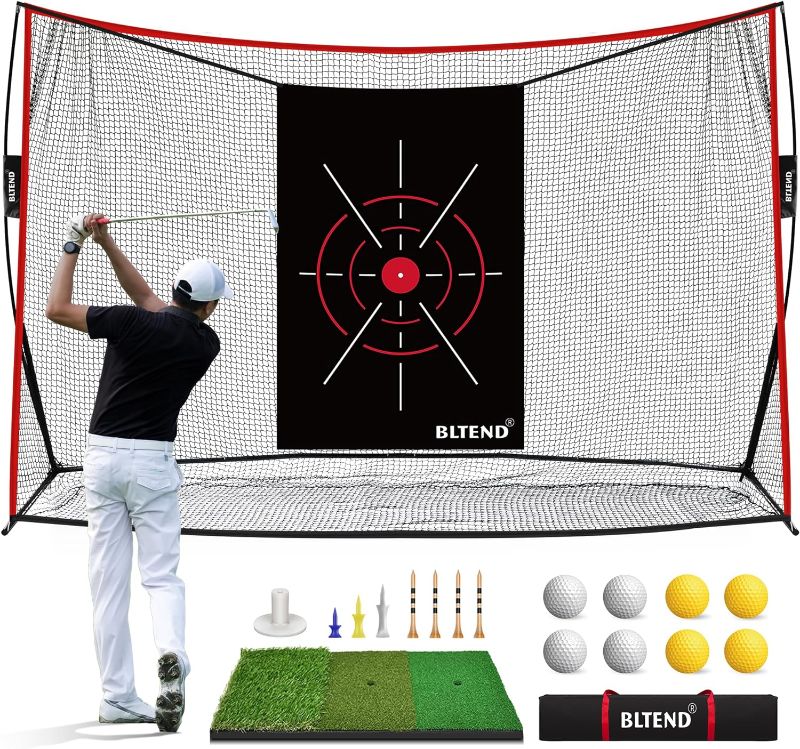 Photo 1 of Bltend Golf Net - 10x7ft Heavy Duty Golf Practice Nets for Backyard Driving with Golf Mat, 7 Golf Tees, 8 Golf Balls, Golf Hitting Driving Net for Indoor Outdoor Use - Perfect Golf Training Equipment
