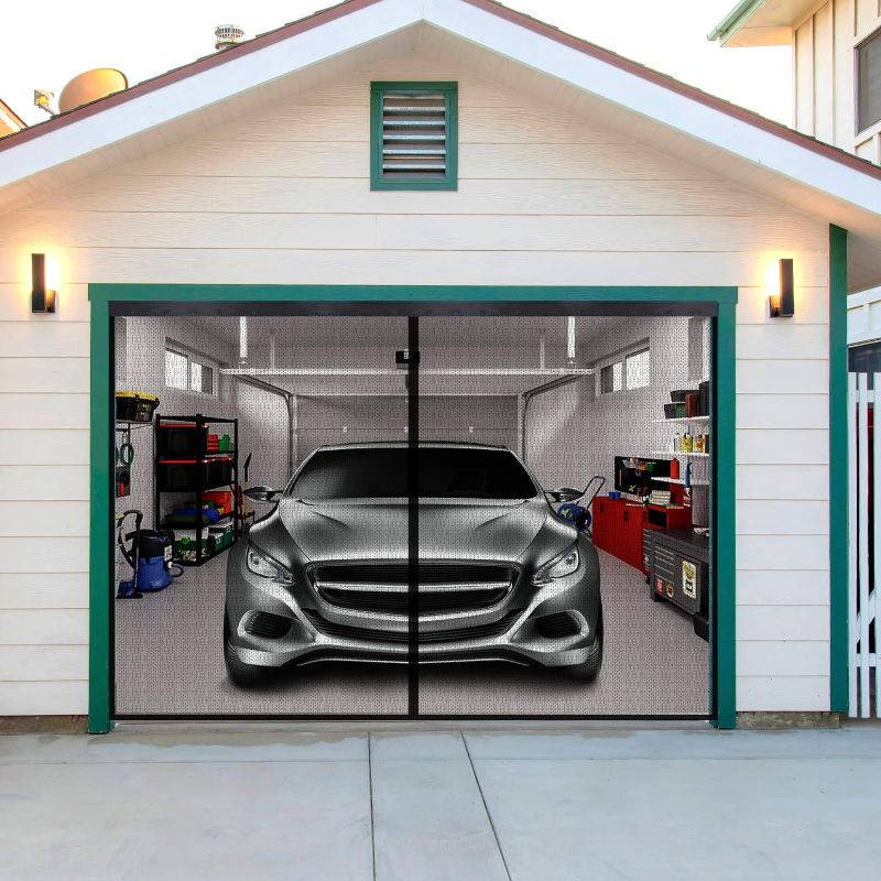 Photo 1 of *** ONE CAR ***  Garage Door Screent Magnetic Closure Heavy Duty Weighted Bottom Screen Self Sealing Fiberglass Mesh Anti Annoying Unwanted Animals Retractable Net - Easy Assembly & Pass-Through(Black) 