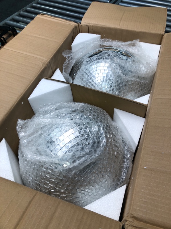 Photo 2 of 2 Pack Large Disco Ball Silver Hanging Mirror Disco Ball Reflective Mirror Disco Ball Ornament for Party Holiday Wedding Dance Music Festivals Decor Club Stage Props DJ Decoration (12 Inch, 12 Inch)