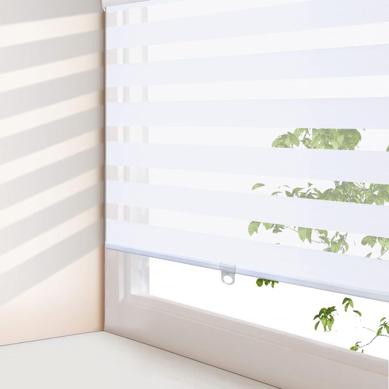 Photo 1 of AOSKY Zebra Blinds for Windows Cordless Roller Shades for Home Free-Stop Windows Shades Dual Layer Light Control for Day and Night Easy to Install (25" W X 72" H, White)
