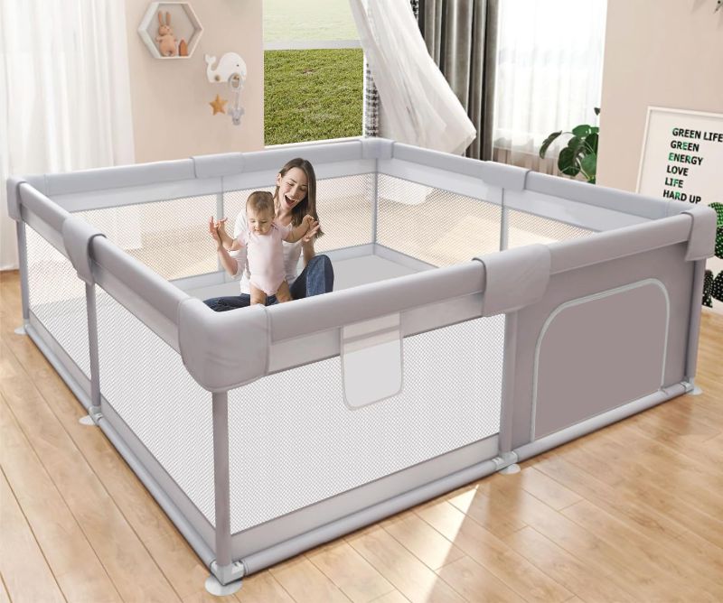 Photo 1 of Baby Playpen Play Pens for Babies and Toddlers Baby Fence Baby Play Yards for Indoor & Outdoor with Breathable Mesh Anti-Fall Playpen (51"X51", Dark Grey) 51"X51" Dark Grey