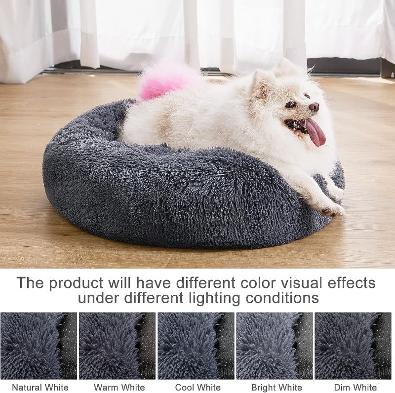 Photo 1 of  Dog Bed Calming Dog Beds for Small Medium Dogs - Round Donut Washable Dog Bed, Anti-Slip Faux Fur Fluffy Cuddler Anxiety Cat Bed(20") Grey-Blue 