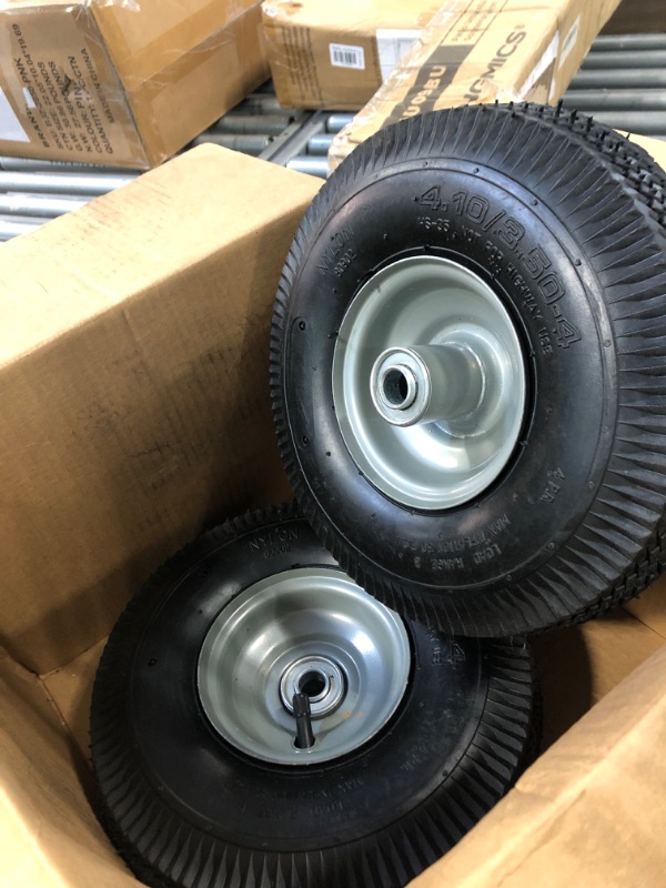 Photo 3 of Rocky Mountain Dolly Wheel 4.10/3.50-4” - Heavy Duty Replacement Tire/Rim for Hand Truck, Cart, Dolly, Gorilla Cart - 2.25” Offset Hub with Pneumatic 5/8” Ball Bearing - Sawtooth Tread - 400 lb (2)