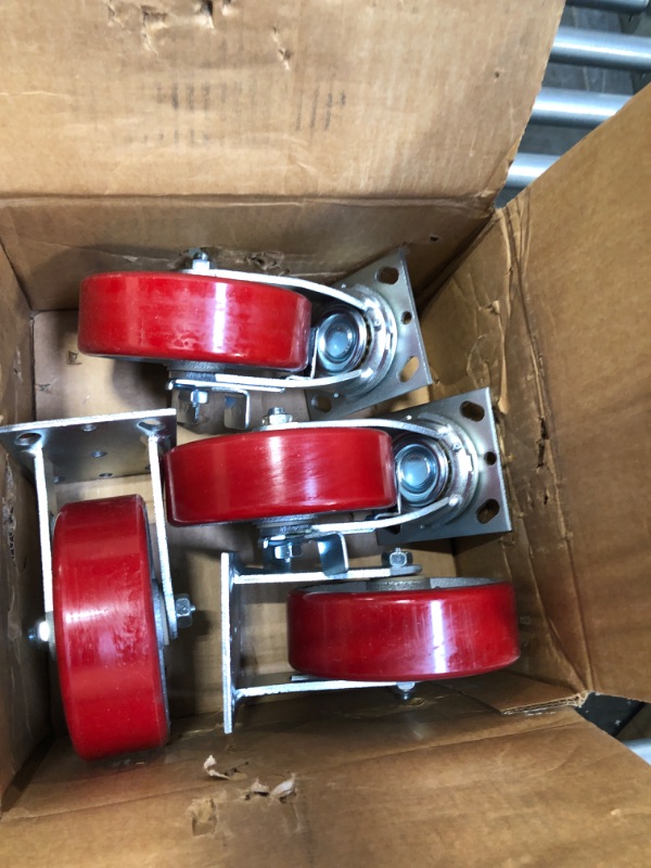 Photo 3 of 6 x 2 Heavy Duty Caster Set with Red Polyurethane on Steel Wheels, 1,200 lbs Capacity per Caster, 6" Size (4 Pack), Toolbox casters