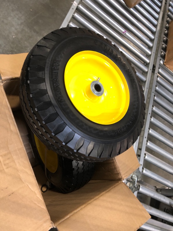 Photo 3 of MaxAuto 2 Pcs 4.10/3.50-6" Flat Free Tire, Hand Truck/All Purpose Utility Tire on Wheel, 3" Centered Hub, 3/4" Bearings, Yellow Steel