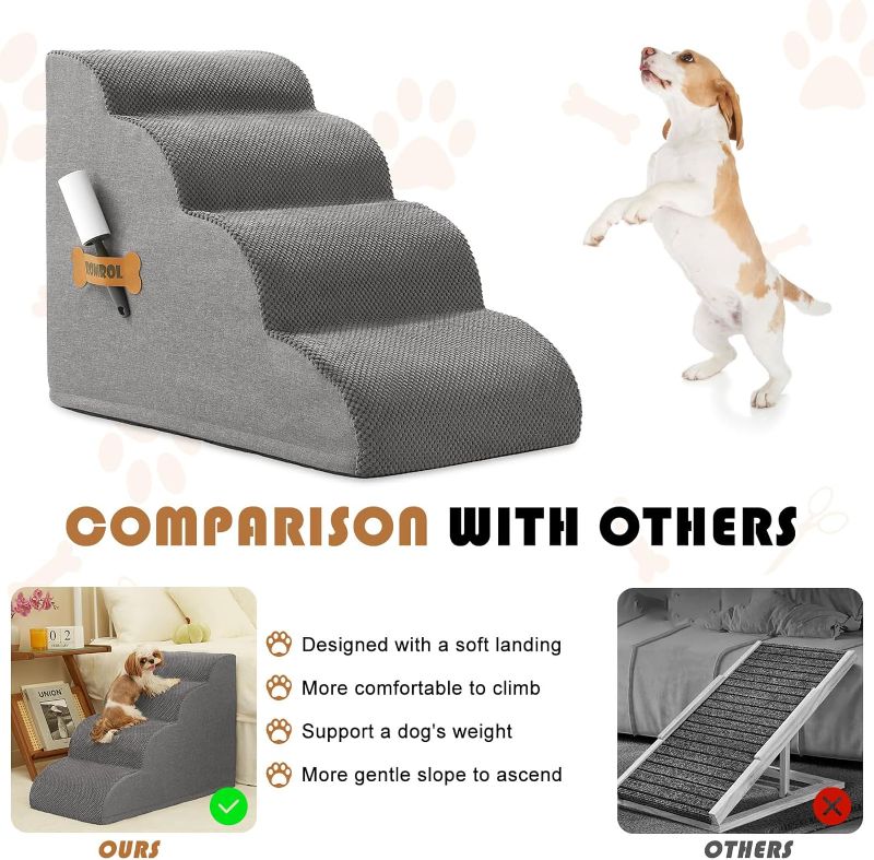 Photo 1 of Dog Stairs, Romrol Dog Steps Ramp for High Bed and Couch, Dog Ramp with Durable Non-Slip Waterproof Fabric Cover, Pet Stairs for Small Dogs and Cats or Pets Joints, 4-Tiers,Grey