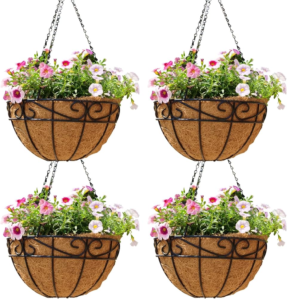 Photo 1 of 12 inch Metal Hanging Baskets For Plants Outdoor 4 Pack Round Metal Wire Hanging Basket Planter with Coco Fiber Liners Chain Round Wire Plant Holder for Garden, Patio, Deck, Porch Plants Flower Potss