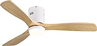 Photo 1 of  52 Inch Low Profile Ceiling Fan With Light 3 Carved Wood Fan Blade Modern Flush Mount Ceiling Fan Noiseless Reversible DC Motor Remote Control for Indoor/Outdoor Use (Natural Wood Color